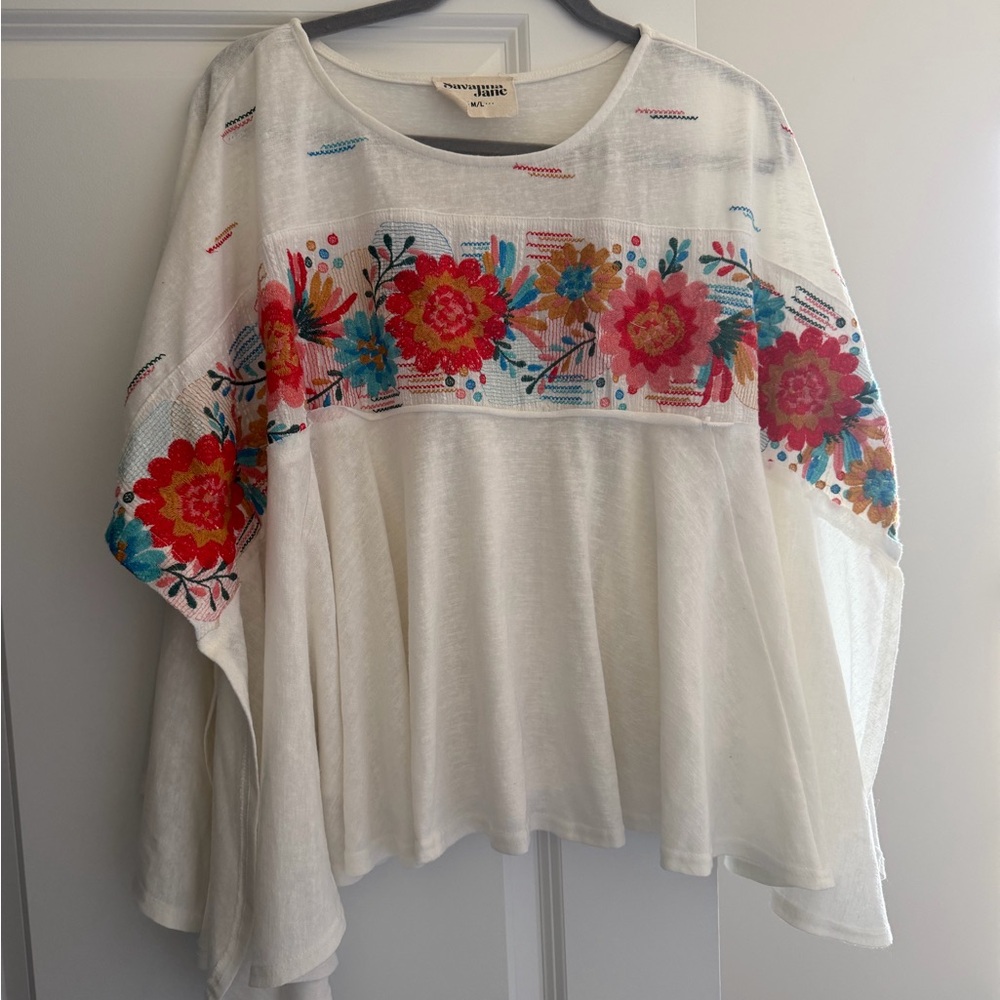 Savanna Jane White Blouse with Multicolor Floral Embroidery